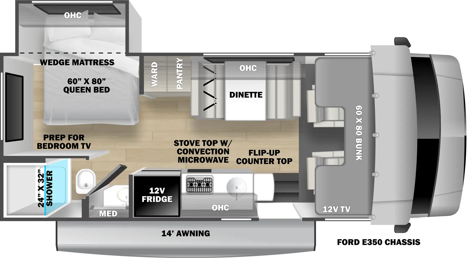 The Solera 23S floorplan has one entry and one slide out. Exterior features include: 14' awning. Interiors features include: bunk over cab and dinette.